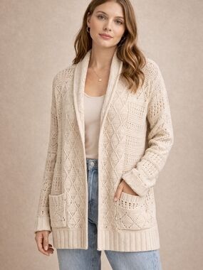 Eight Eight Eight Cream Crochet Cardigan Cotton Open Knit Boho Cottagecore L